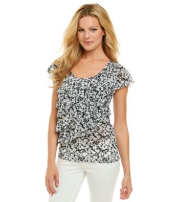 AGB® Printed Knit Ruffle Front Top