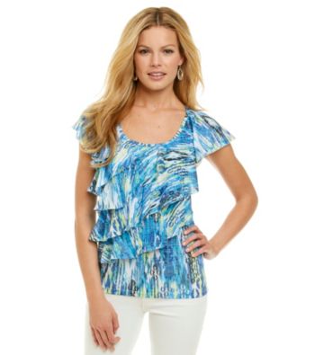 AGB® Printed Knit Ruffle Front Top