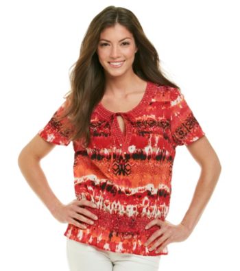 Notations® Open Keyhole All Over Print Peasant Top