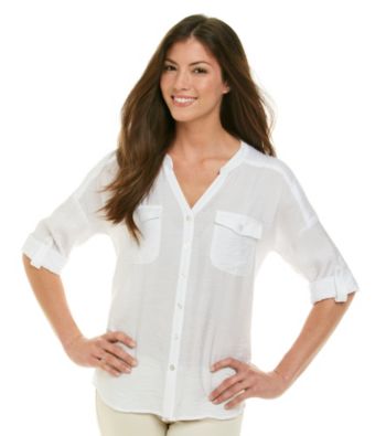 Notations® Mandarin Collar Button Front Shirt