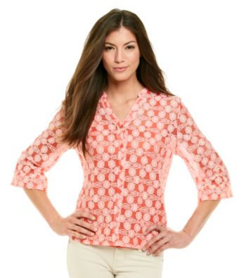 Notations® Mandarin Front Button Up Closure Solid Crochet Layered Look Shirt