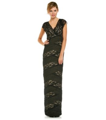 Marina Long Banded Lace Cocktail Gown