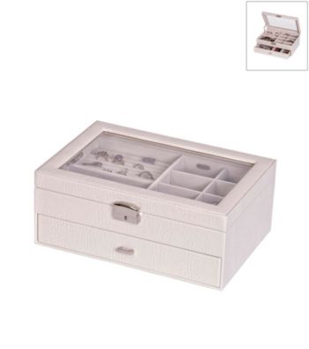 Mele & Co. Colette Glass Top Locking Jewelry Box in Pearl Croco Faux Leather
