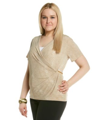 Calvin Klein Plus Size Printed V-Neck Drape Top with Hardware