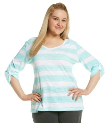 Calvin Klein Performance Plus Size Chalk Stripe Roll Sleeve V-Neck Top