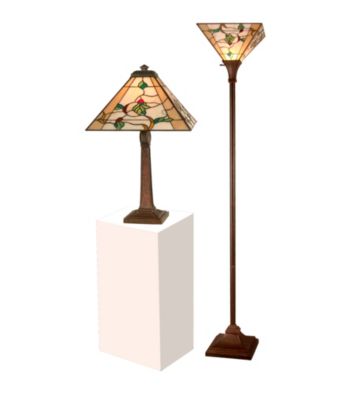 Dale Tiffany Green Leaves Table And Torchiere Lamp Set