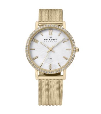 Skagen Denmark Women's Goldtone Striped Mesh with Crystal Bezel