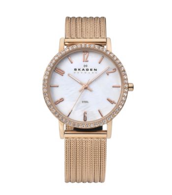 Skagen Denmark Women's Rose Goldtone Striped Mesh with Crystal Bezel