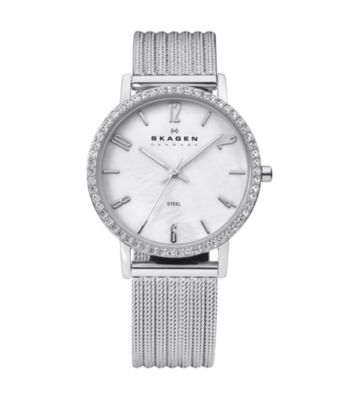 Skagen Denmark Women's Silvertone Striped Mesh with Crystal Bezel