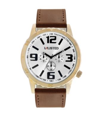 Unlisted by Kenneth Cole® Men's Goldtone Watch with White Dial, Black Accents and Brown Strap