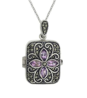 Designs by FMC Genuine Marcasite Rectangle Locket with Amethyst Stones 18