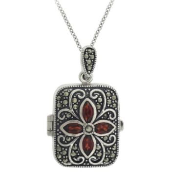 Designs by FMC Genuine Marcasite Rectangle Locket with Garnet Stones 18