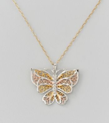 Tri-Color Auragento Butterfly Pendant Necklace in Sterling Silver and 14K Gold