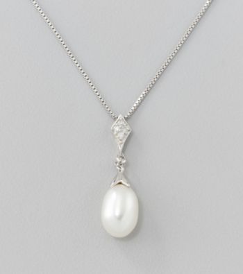 Freshwater Pearl and .07 ct. t.w. Diamond Drop Pendant Necklace in Sterling Silver