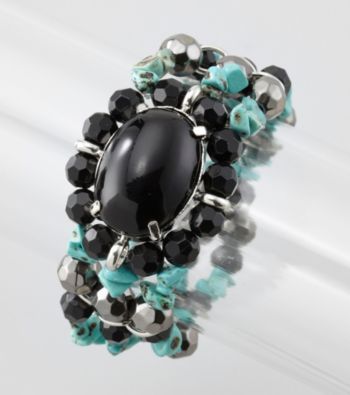 Laura Ashley® Black/Turquoise/Silvertone Three Row Stretch Bracelet