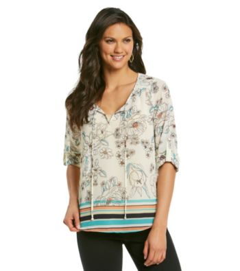 Black Rainn™ Printed Tie Front Roll-Tab Woven Shirt