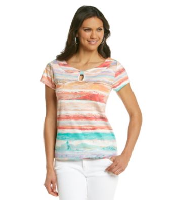 Rafaella® Ombre Stripe Keyhole Neckline Top