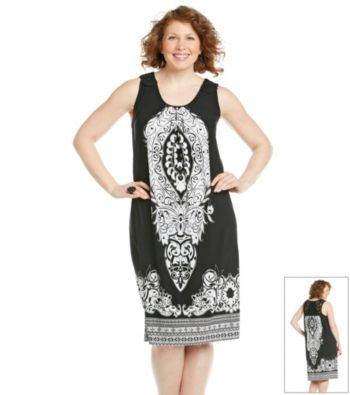 Notations® Plus Size Crochet Back Printed Dress