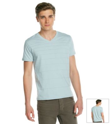 DKNY JEANS ® Men's Blue Dust Short Sleeve Variegated Stripe V-Neck Tee