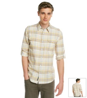 DKNY JEANS® Men's Orange Long Sleeve Roll Tab Linen Check Woven