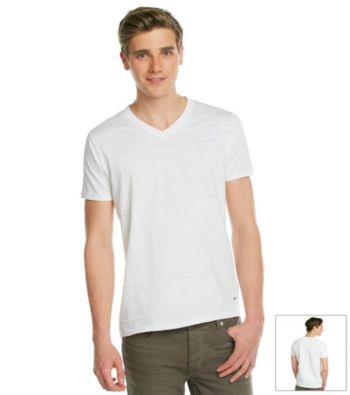 DKNY JEANS® Men's White Short Sleeve Varigated Stripe V-Neck Tee