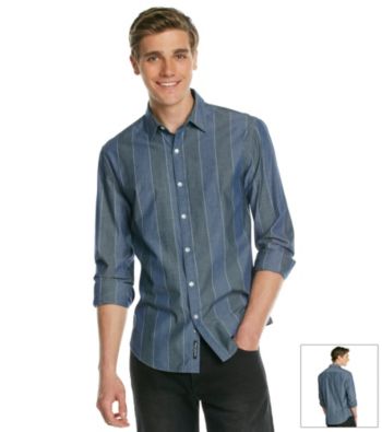 DKNY JEANS® Men's Blue Long Sleeve Chambray Stripe Woven