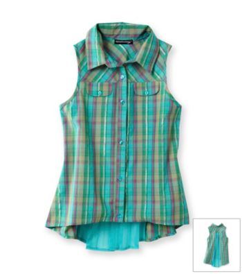 Eyeshadow® Girls' 7-16 Plaid Chiffon Top with Inset Button