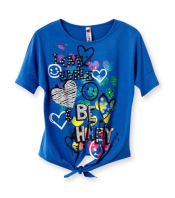 Beautees Girls' 7-16 Blue Be Happy Tie Front Screen Tee