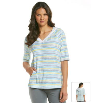 KN Karen Neuburger Inspire Knit Short Sleeve Hoodie - Yellow Stripe
