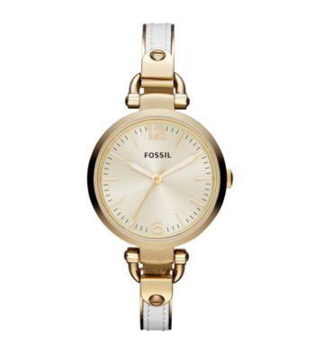 Fossil® Women's Georgia Bangle Watch in Goldtone with White Leather Insert