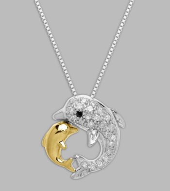 Sterling Silver/14K Gold .10 ct. t.w. Diamond Dolphins Pendant