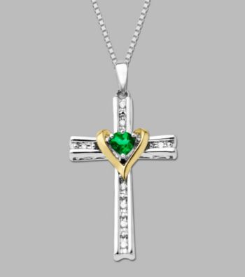 Sterling Silver/14K Gold Created Emerald and .04 ct. t.w Diamond Cross Pendant