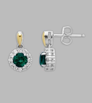 Sterling Silver/14K Gold Created Emerald/Created White Sapphire Earrings