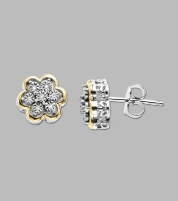 Sterling Silver/14K Gold .04 ct. t.w. Diamond Flower Shaped Earrings