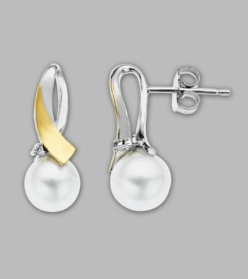 Sterling Silver/14K Gold Freshwater Pearl and Diamond Earrings