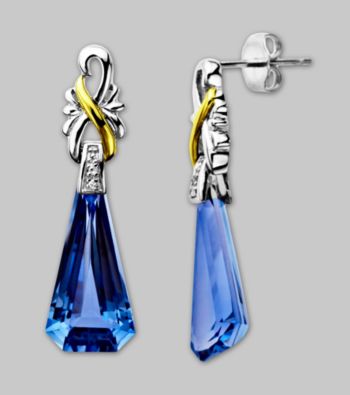 Sterling Silver/14K Gold Created Ceylon Sapphire/Diamond Earrings