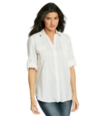 Nine West Vintage America Collection® Easton Roll Sleeve Y-Neck Buttonfront Pintuck Shirt