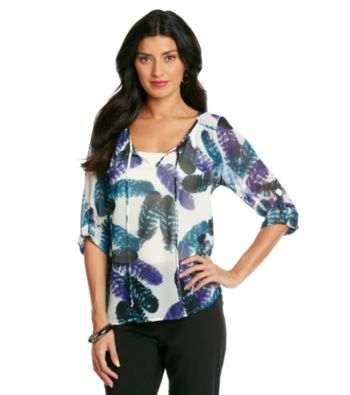 Black Rainn™ Roll Sleeve Tie Neck Feathered Print Top