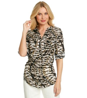 Calvin Klein Roll Sleeve Y-Neck Buttonfront Drawstring Tunic Top
