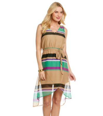 Tea Rose Sleeveless V-Neck Striped Hi-Low Hem Dress