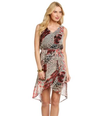 Tea Rose Sleeveless V-Neck Snake Print Hi-Low Hem Dress