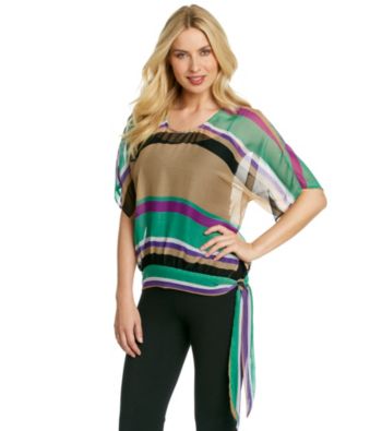 Tea Rose Short Sleeve Boatneck Sheer Neutral Stripe Top