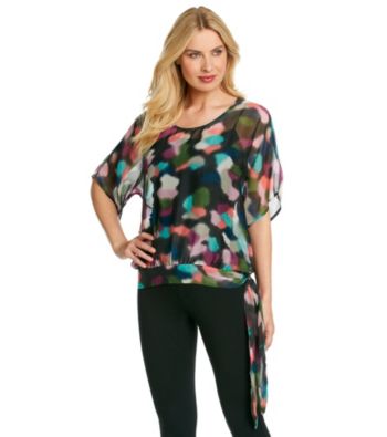 Tea Rose Short Sleeve Boatneck Shear Abstract Print Top