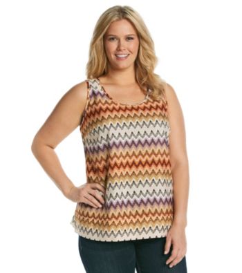 Tea Rose Plus Size Sleeveless Scoopneck Zig-Zag Print Tank