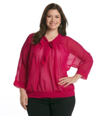 TeaRose Plus Size Tie Neck Sheer Top