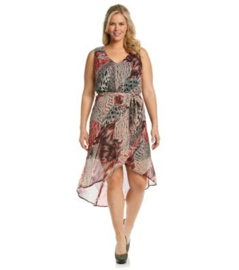 Tea Rose Plus Size Sleeveless V-Neck Snake Print Hi-Low Dress