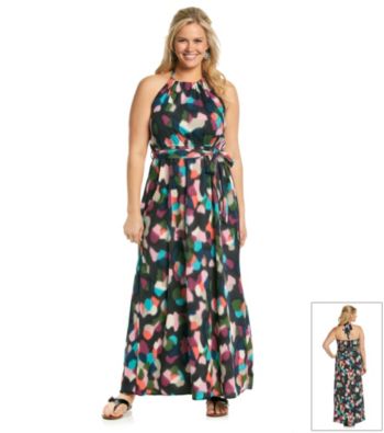Tea Rose Plus Size Sleeveless Halter Abstract Print Maxi Dress