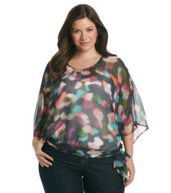 Tea Rose Plus Size Boatneck Sheer Abstract Print Top