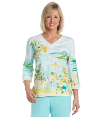Alfred Dunner® V-Neck Lace Trim Scenic Print Top