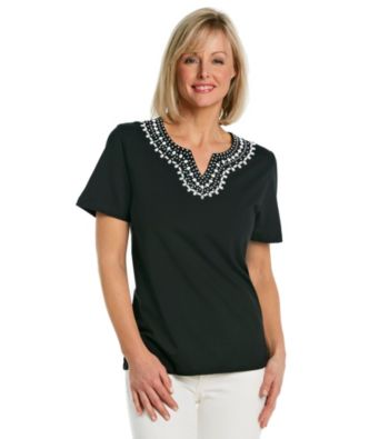 Alfred Dunner® Short Sleeve Splitneck Embellished Solid Top